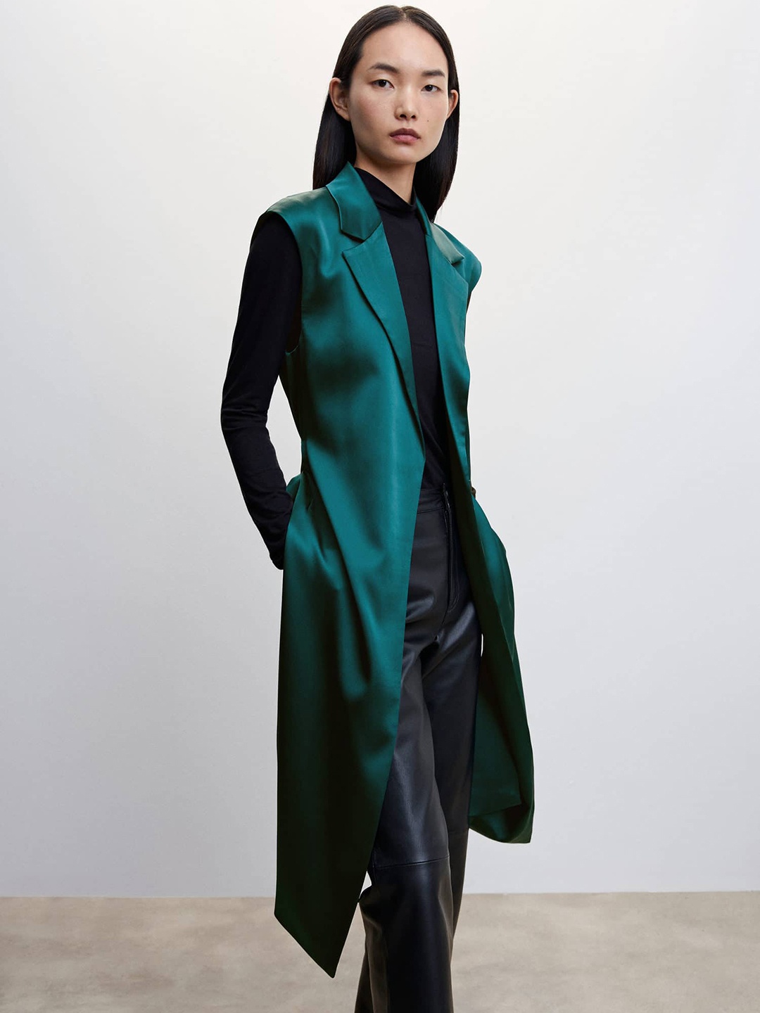 

MANGO Women Solid Satin Front-Open Sustainable Coat with Belt, Teal
