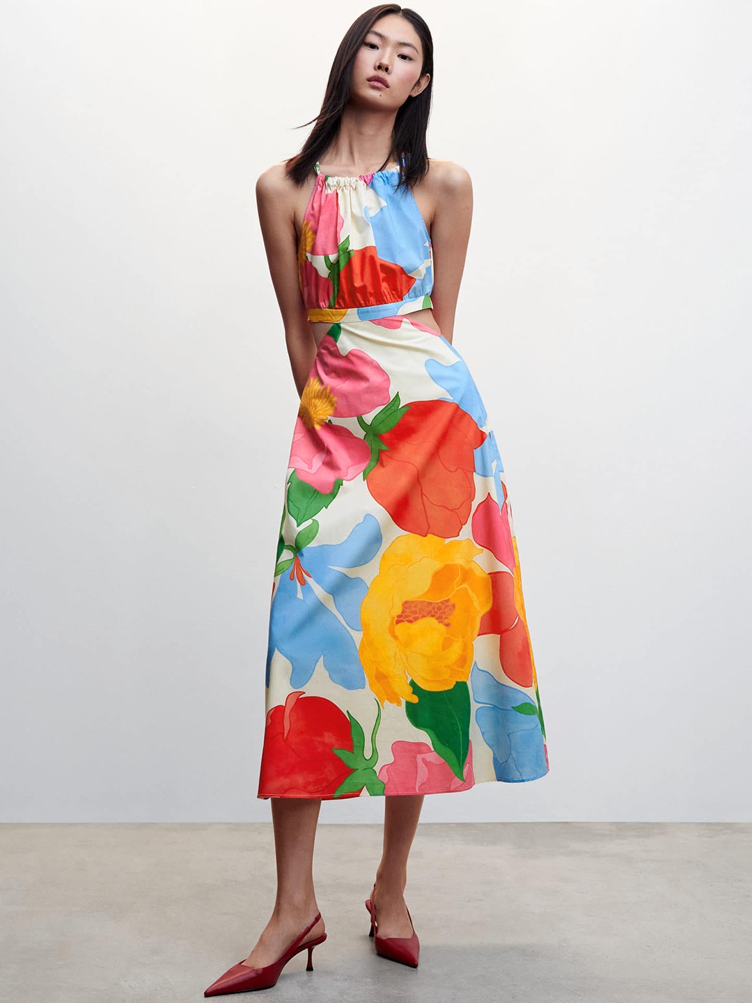 

MANGO Pure Cotton Floral Print A-Line Midi Dress, Multi