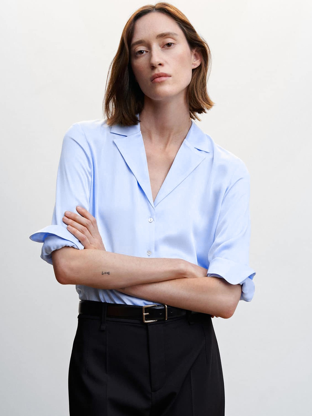 

MANGO Satin Finish Notch-Lapel Collar Shirt Style Top, Blue