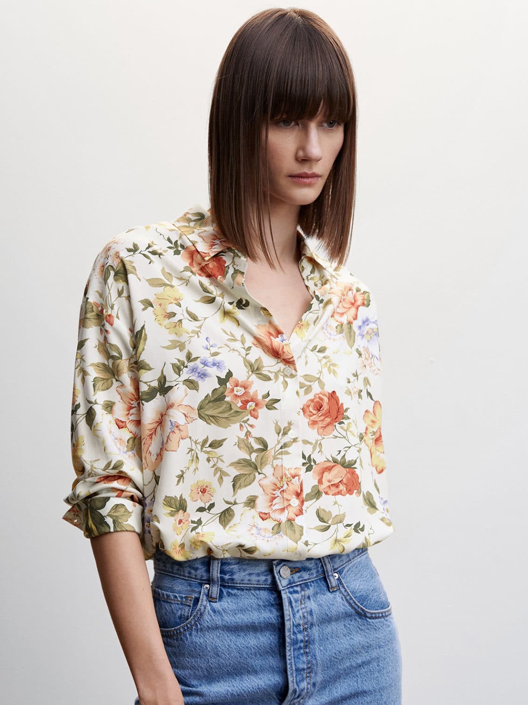 

MANGO Floral Printed Casual Shirt, Off white