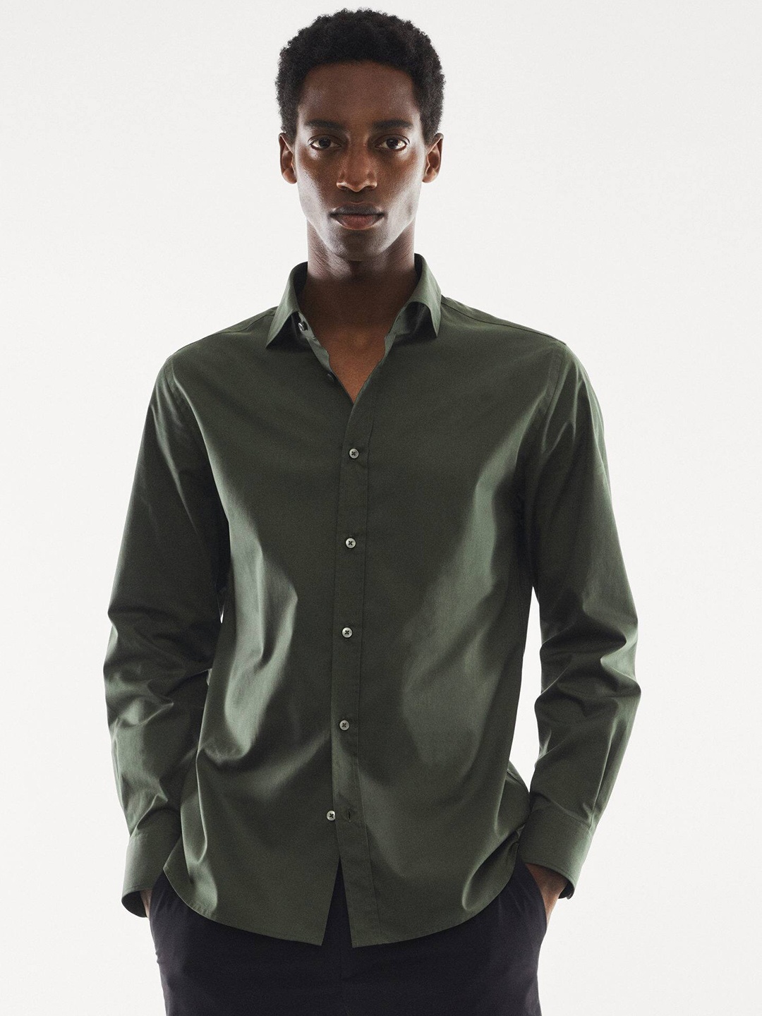 

MANGO MAN Pure Cotton Easy Care Slim Fit Opaque Casual Shirt, Olive
