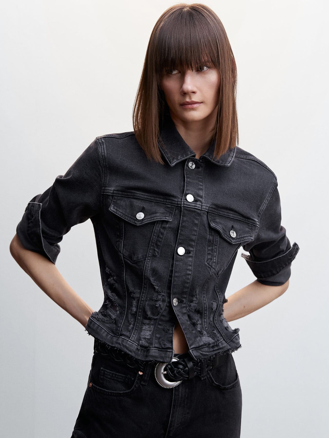 

MANGO Women Ripped Sustainable Denim Jacket, Charcoal