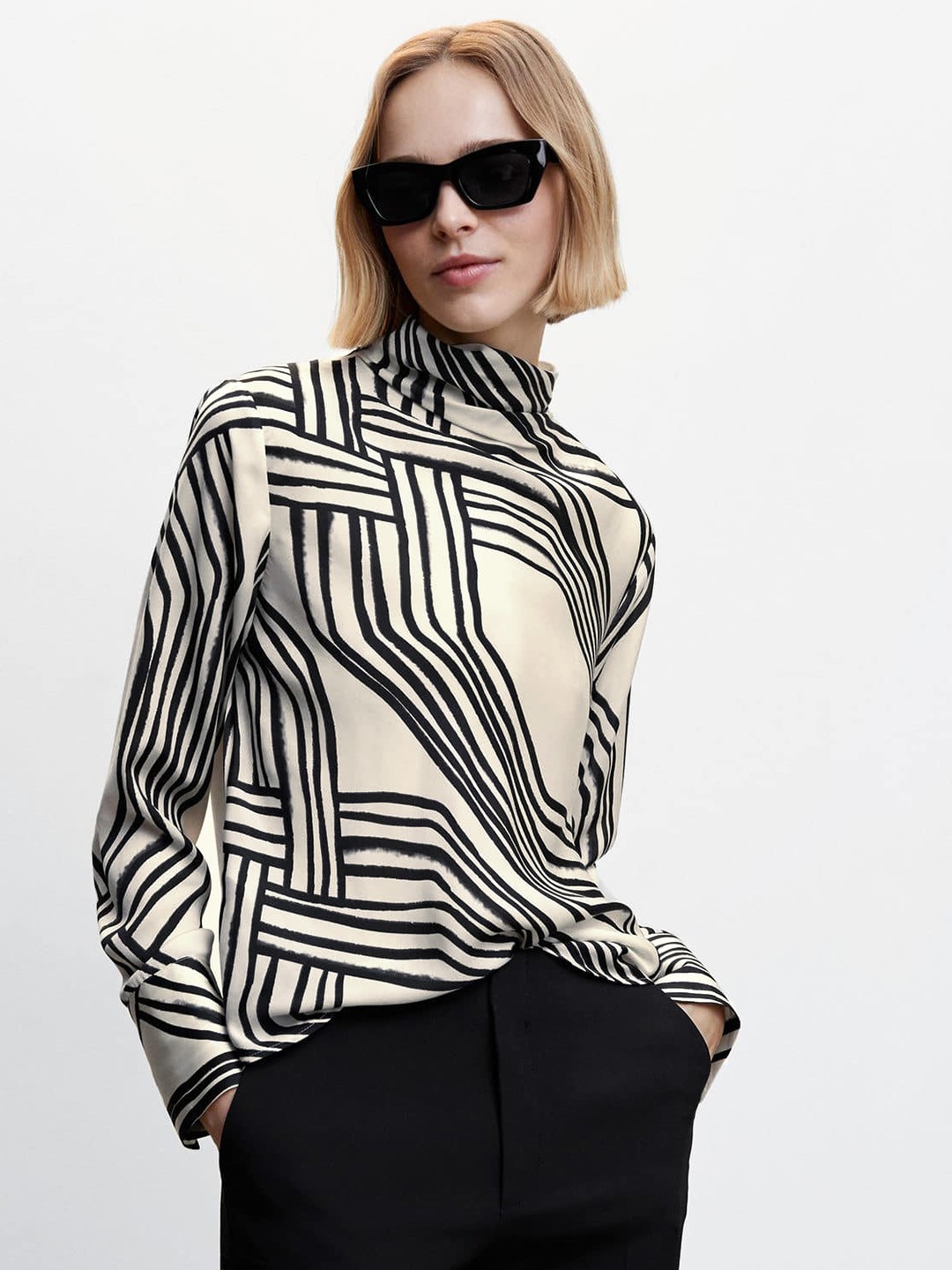 

MANGO Geometric Print Satin Top, Grey