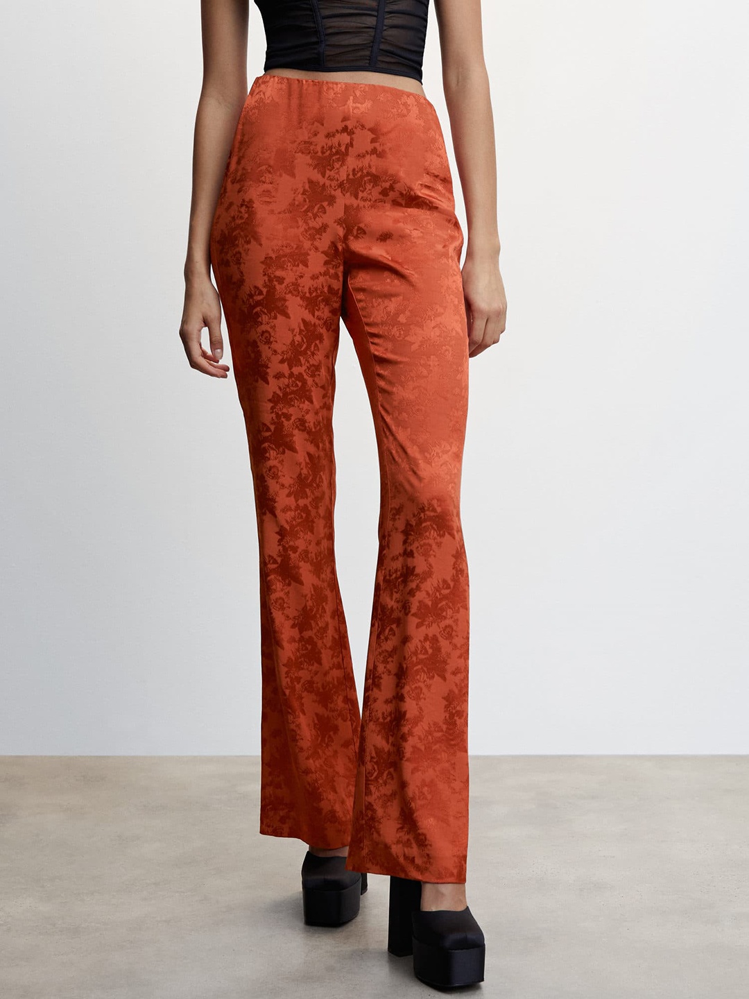 

MANGO Women Floral Jacquard Trousers, Rust