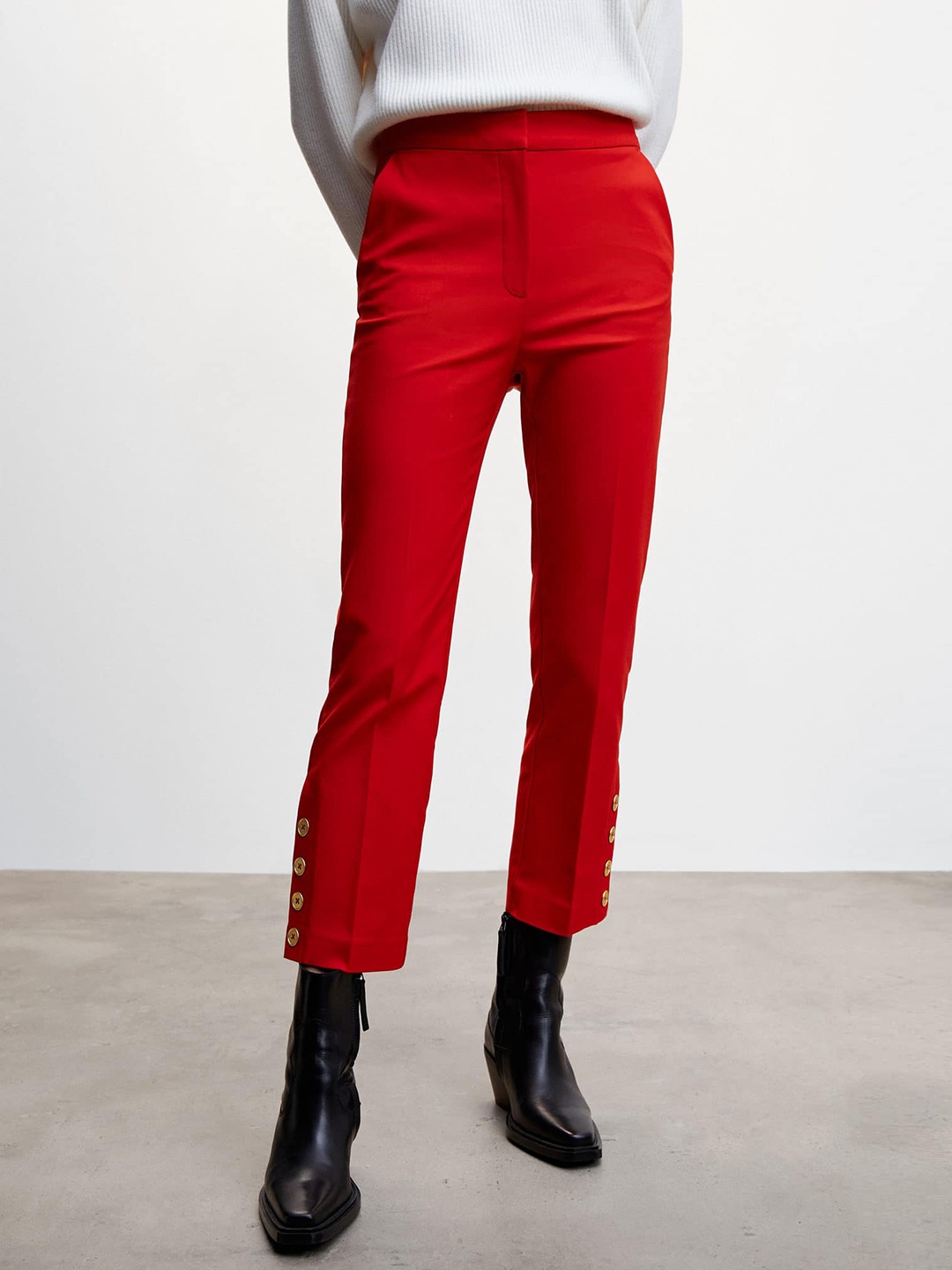 

MANGO Women Straight Fit Button Detail RegularCropped Trousers, Red