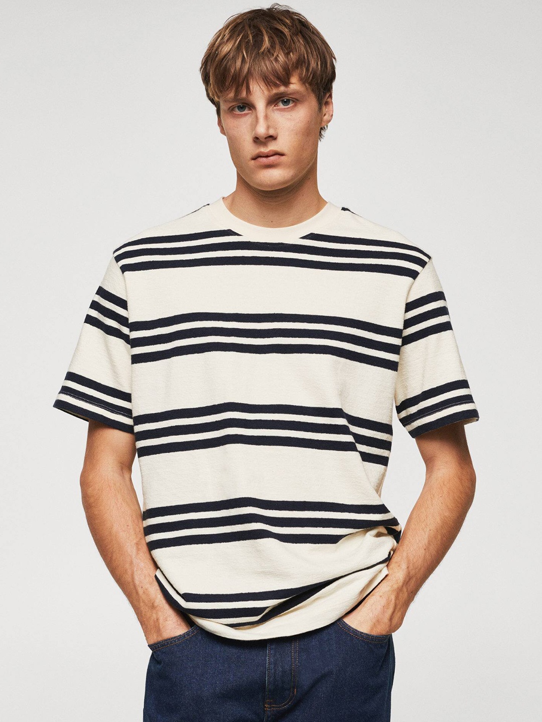 

MANGO MAN Pure Cotton Regular Fit Striped T-shirt, Off white