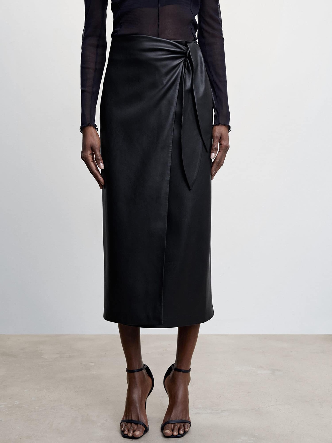

MANGO Knot Detail Faux Leather Wrap Midi Skirt, Black