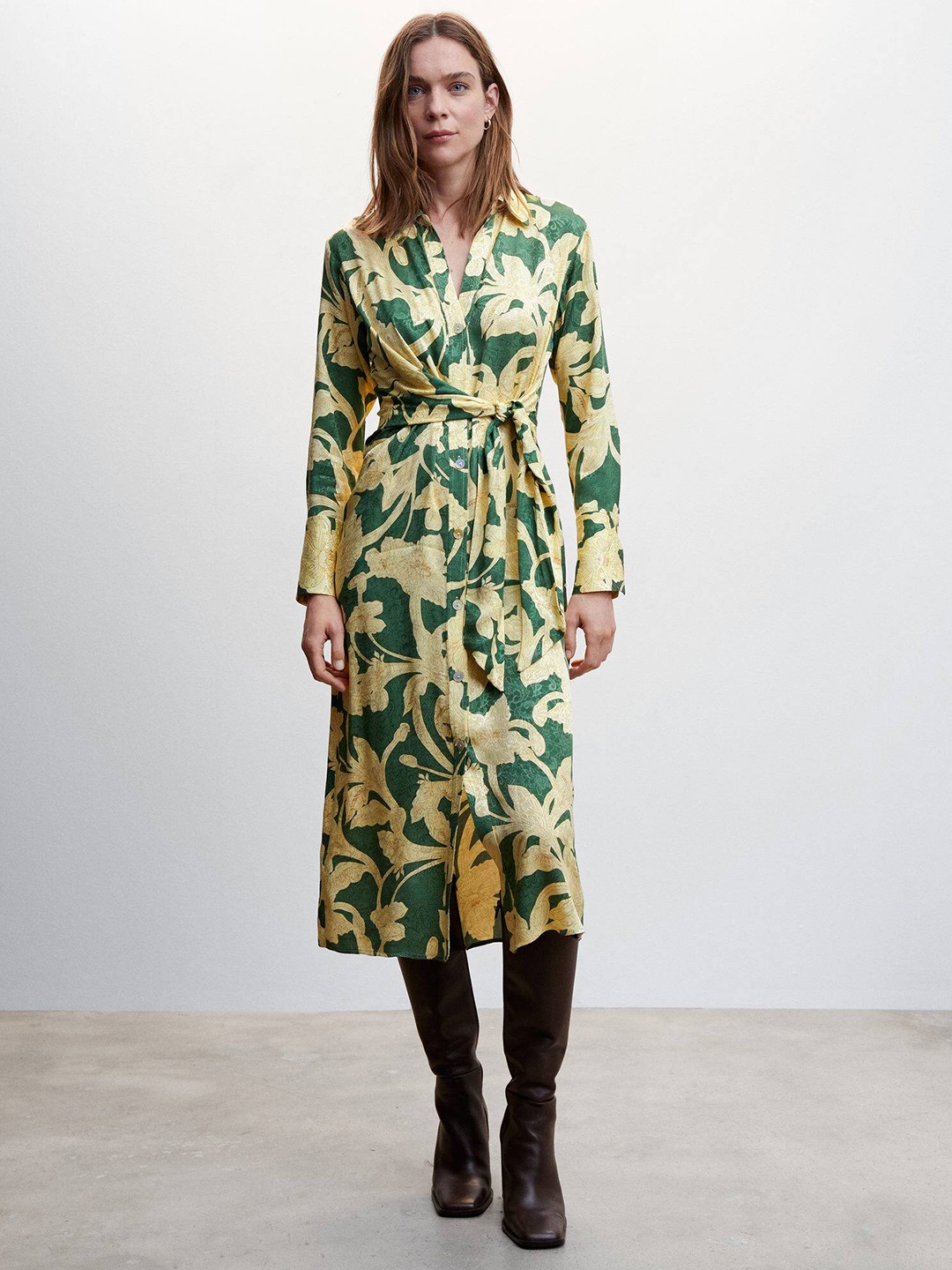 

MANGO Floral Printed Belted Shirt Midi Dress, Olive