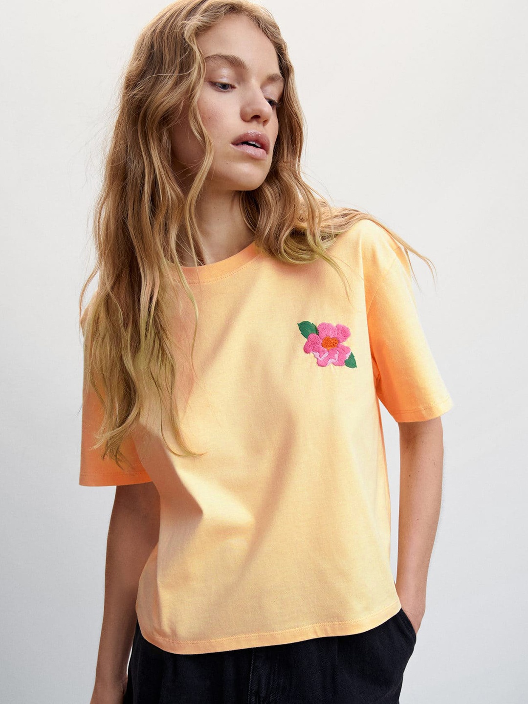 

MANGO Embroidered Detail Pure Cotton T-shirt, Peach