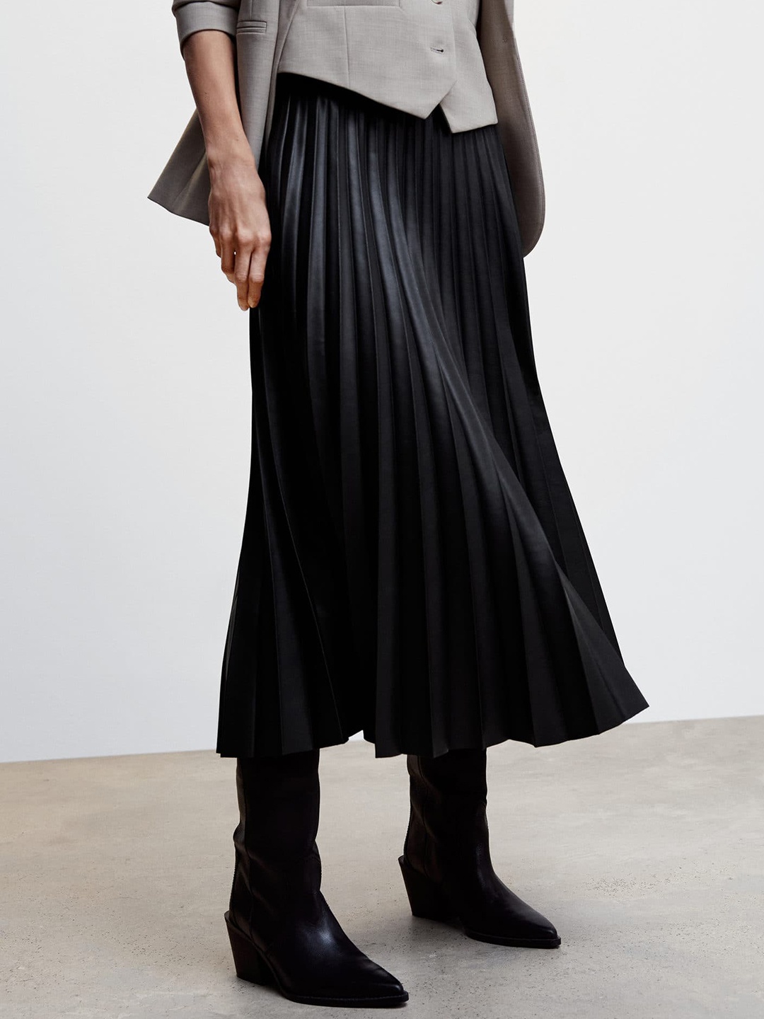 

MANGO Accordion Pleated Faux Leather Midi Flared Skirt, Black