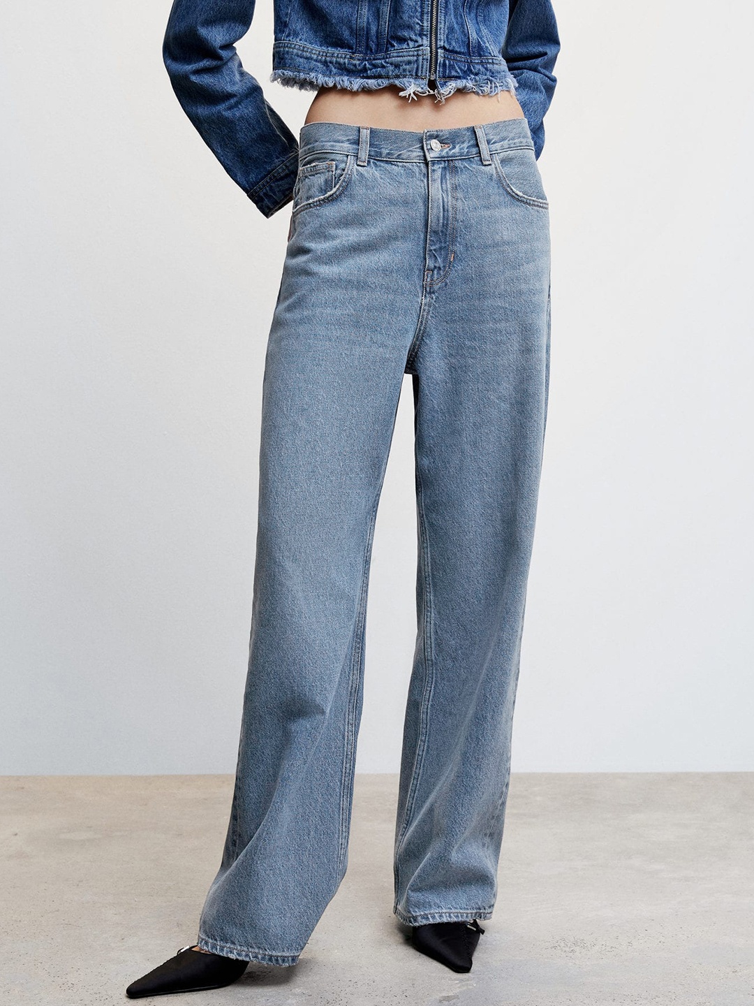 

MANGO Women Wide-Leg Low-Rise Pure Cotton Sustainable Jeans, Blue