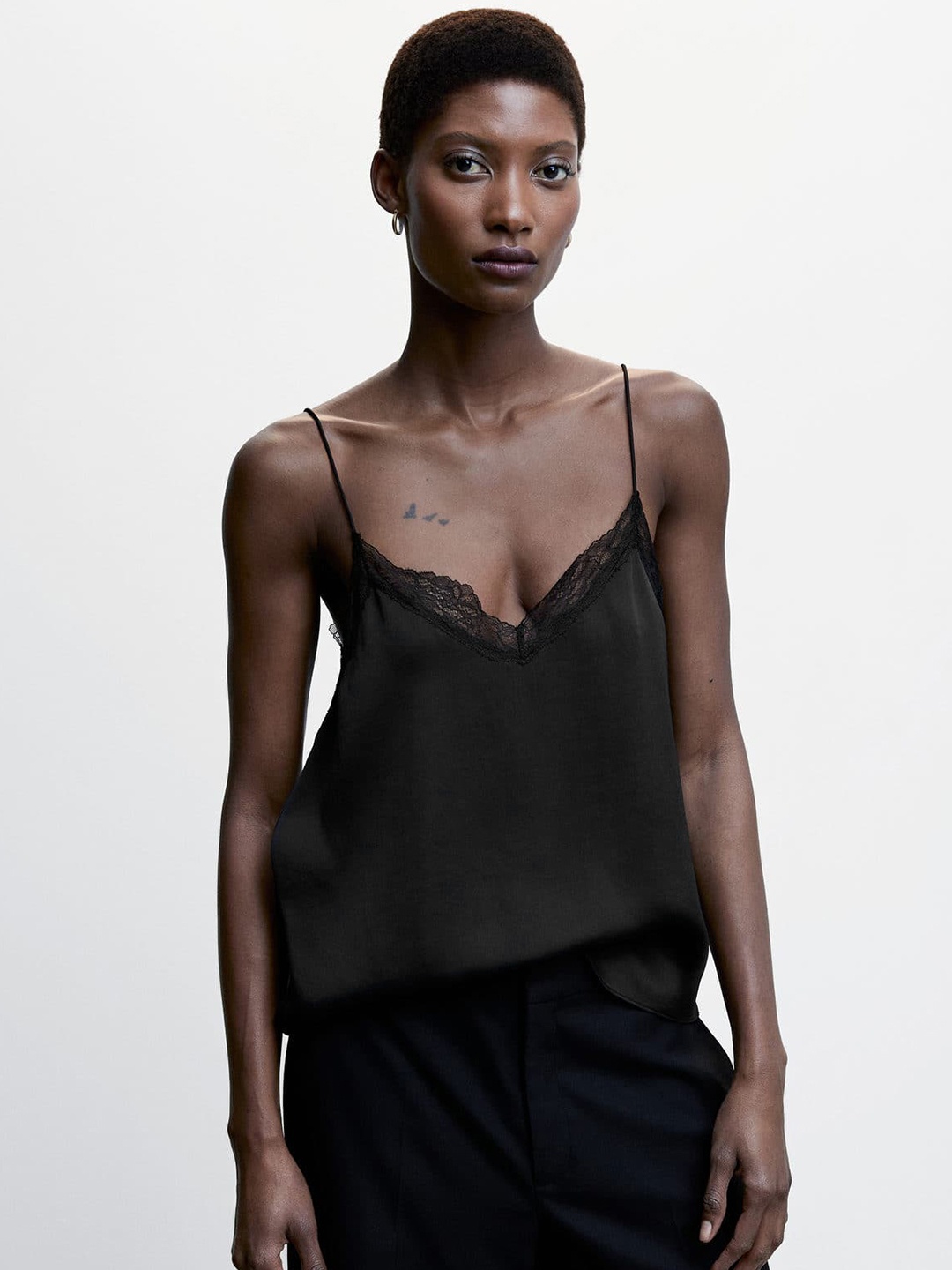 

MANGO Shoulder Straps Lace-Inserted Satin Top, Black