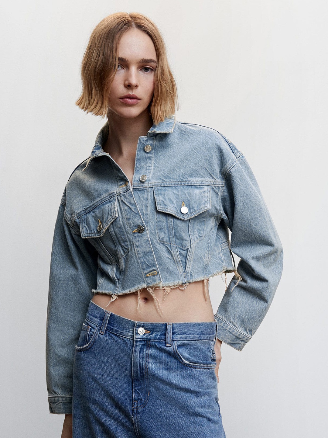 

MANGO Crop Raw Hem Sustainable Cotton Denim Jacket, Blue