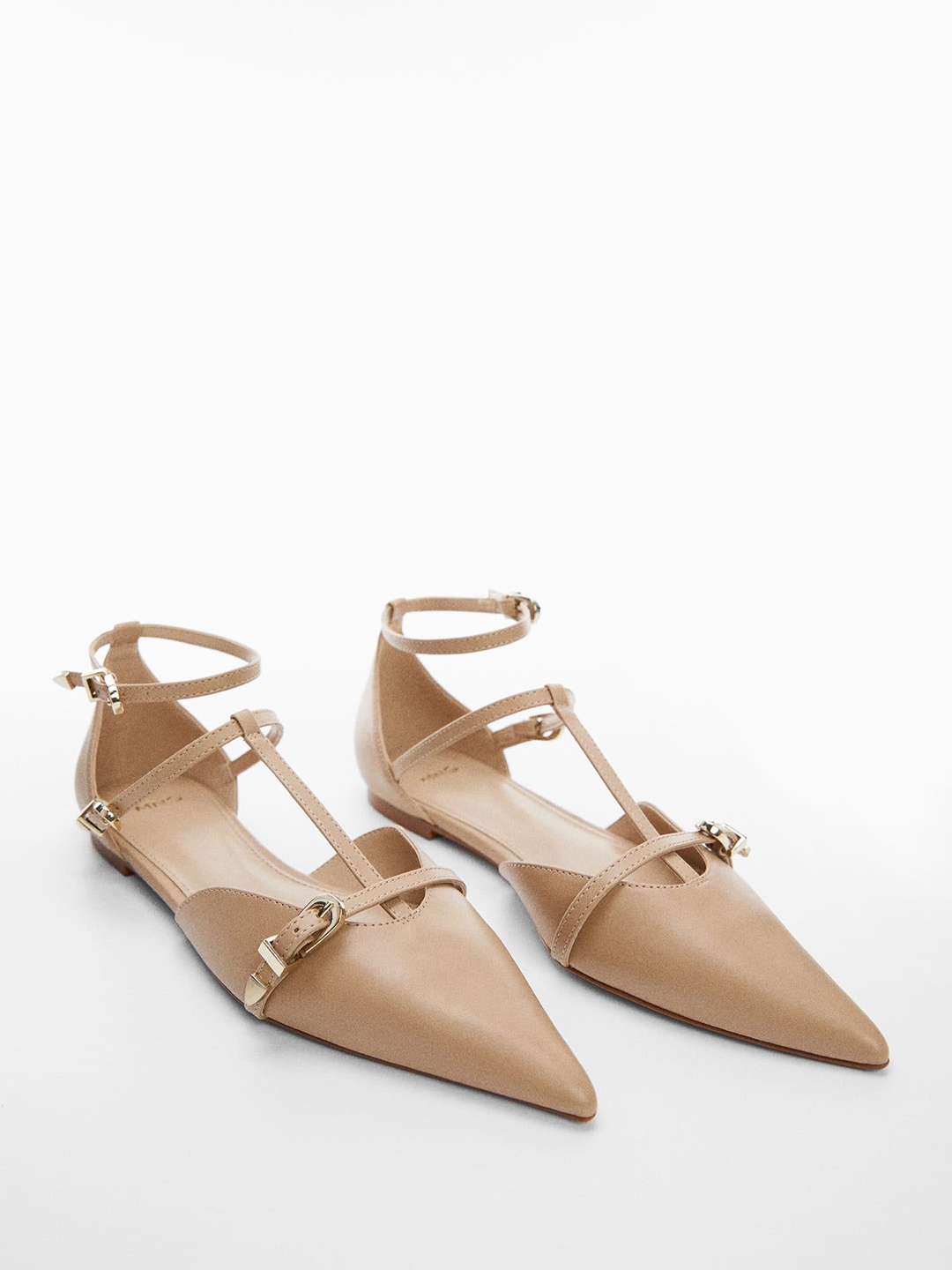 

MANGO Women Pointy Toe Flats with Buckle Detail, Nude