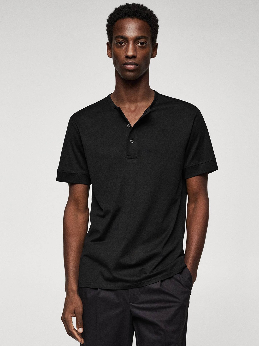 

MANGO MAN Henley Neck Pure Cotton T-shirt, Black