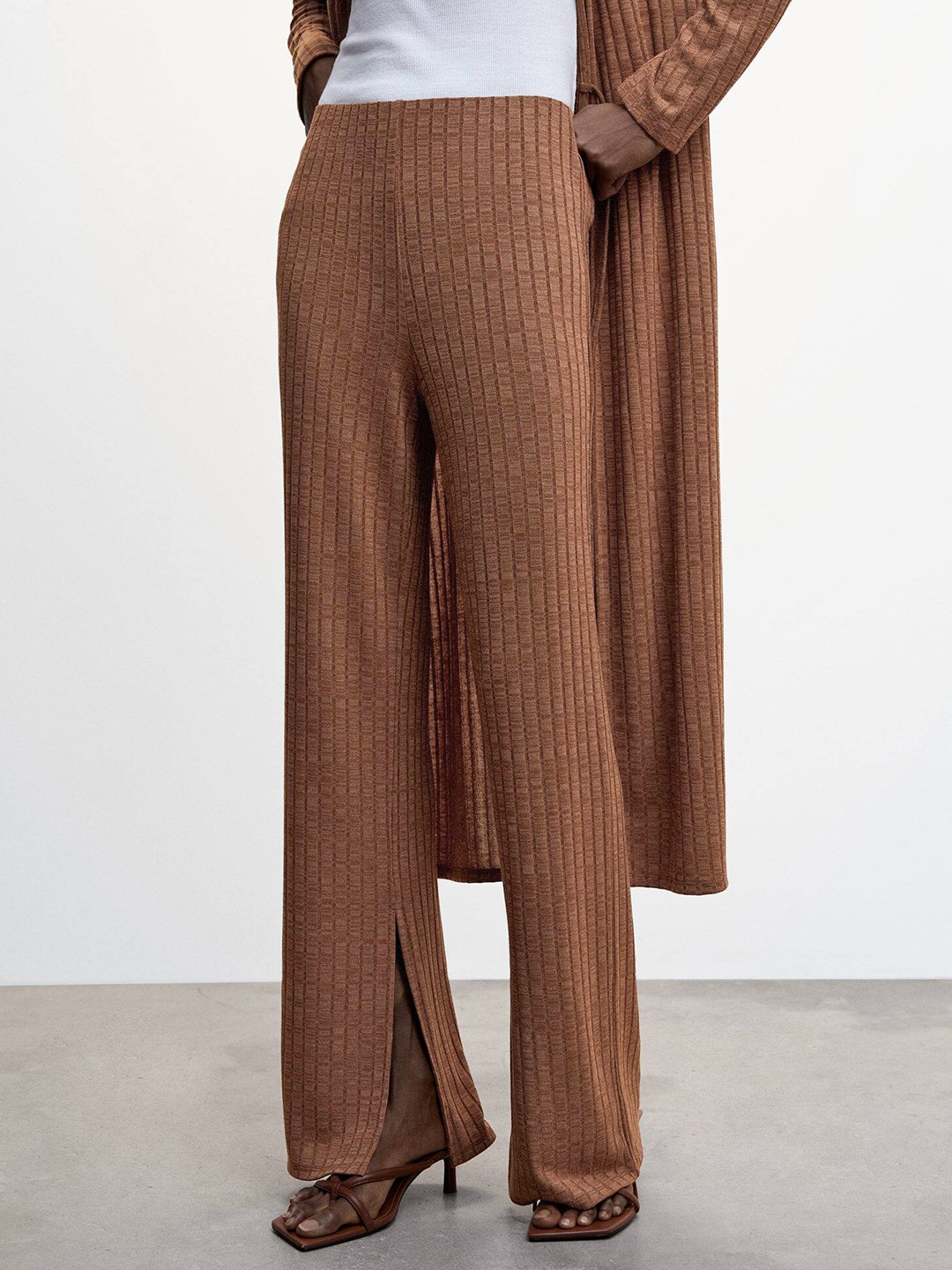 

MANGO Women Ribbed Sustainable Flared Trousers, Brown