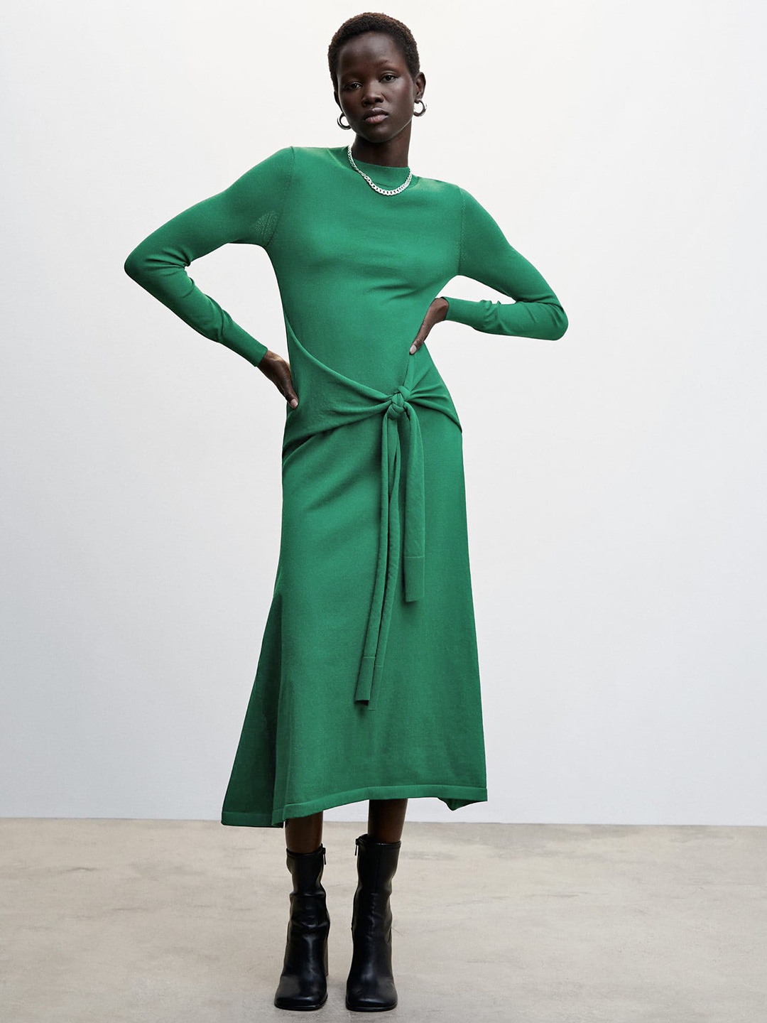 

MANGO A-Line Tie-Up Detail Knitted Midi Dress, Green