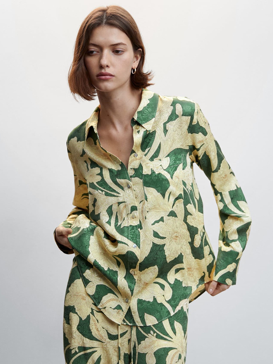 MANGO Satin Finish Floral Print Sustainable Shirt, Green
