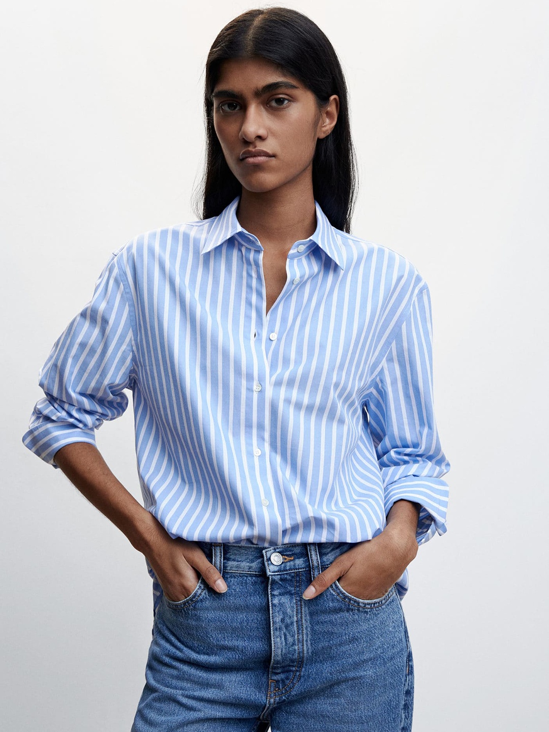

MANGO Oversize Striped Casual Sustainable Cotton Shirt, Blue