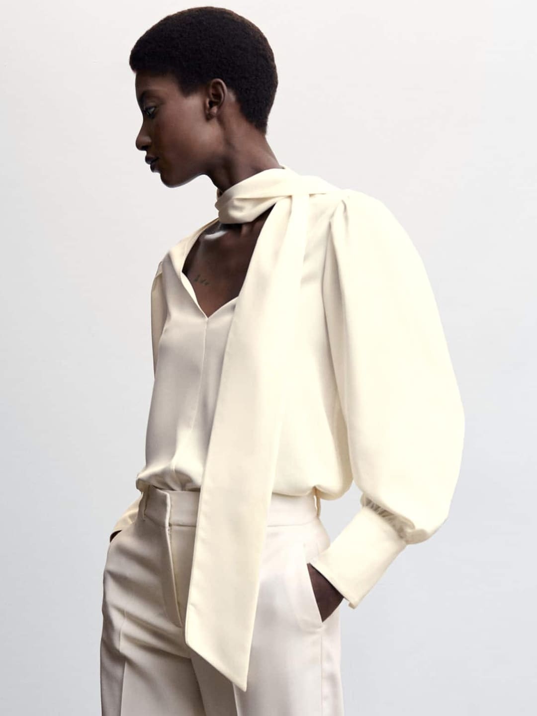 

MANGO Satin Finish Bow Detailed Shirt Style Top, Off white