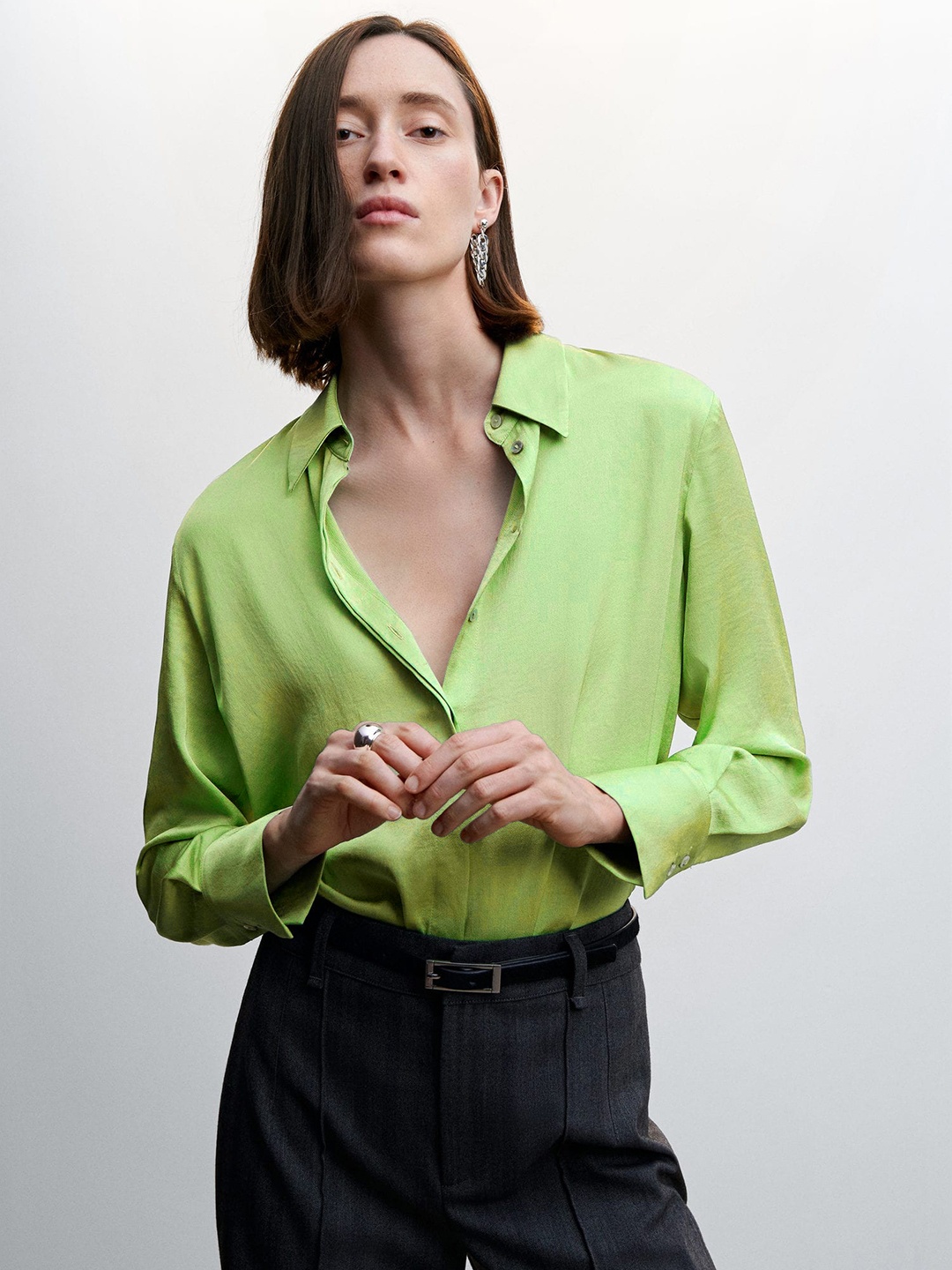 

MANGO Satin Finish Casual Shirt, Green