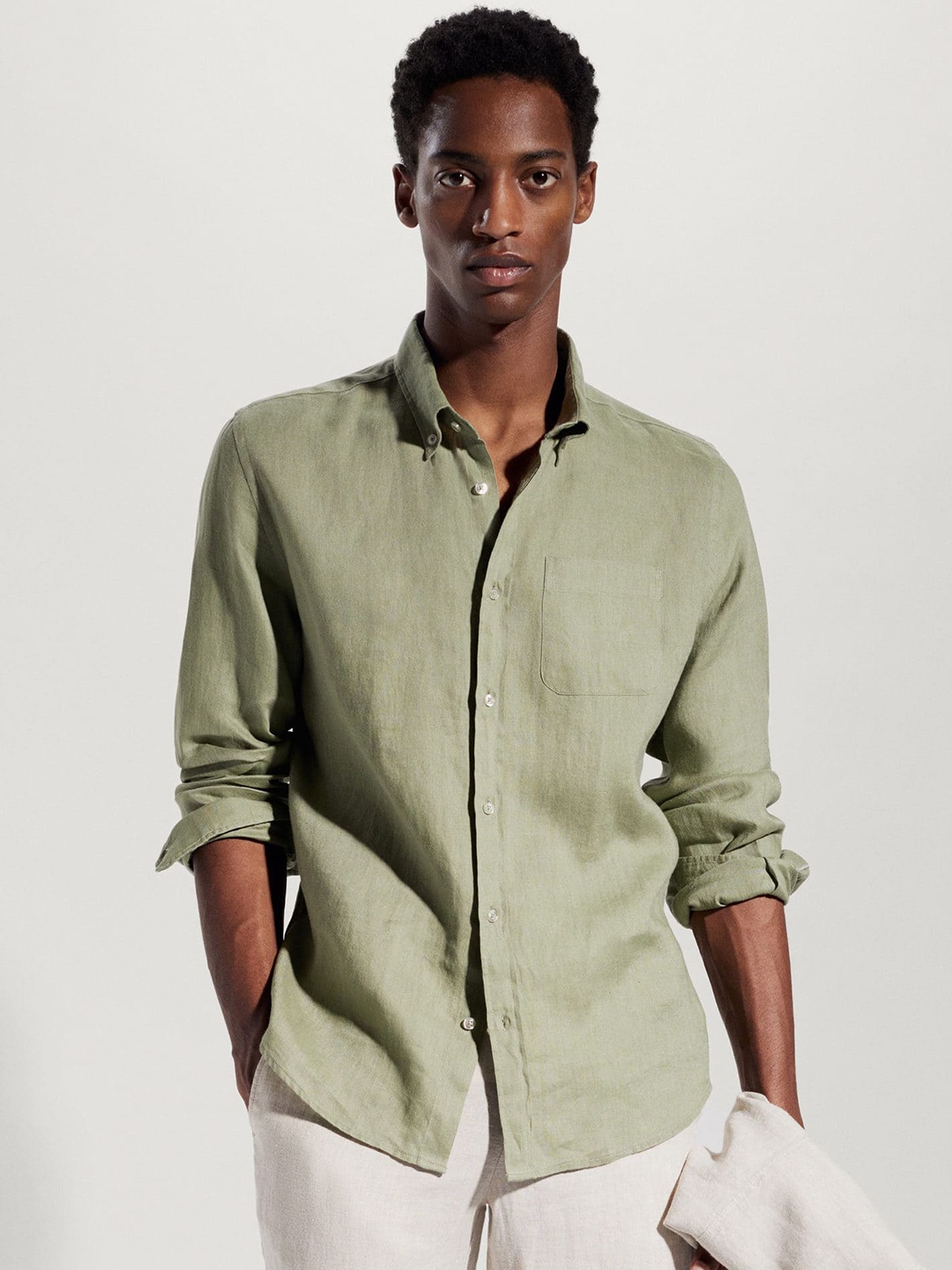 

MANGO MAN Linen Slim Fit Casual Shirt, Olive
