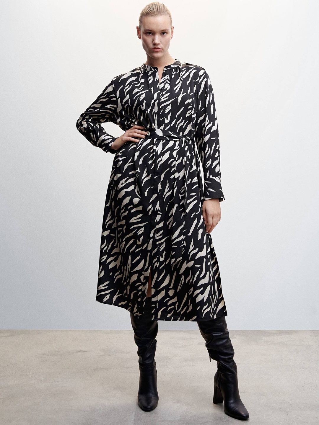 

MANGO Sustainable Shirt Style Printed Midi Dress, Black