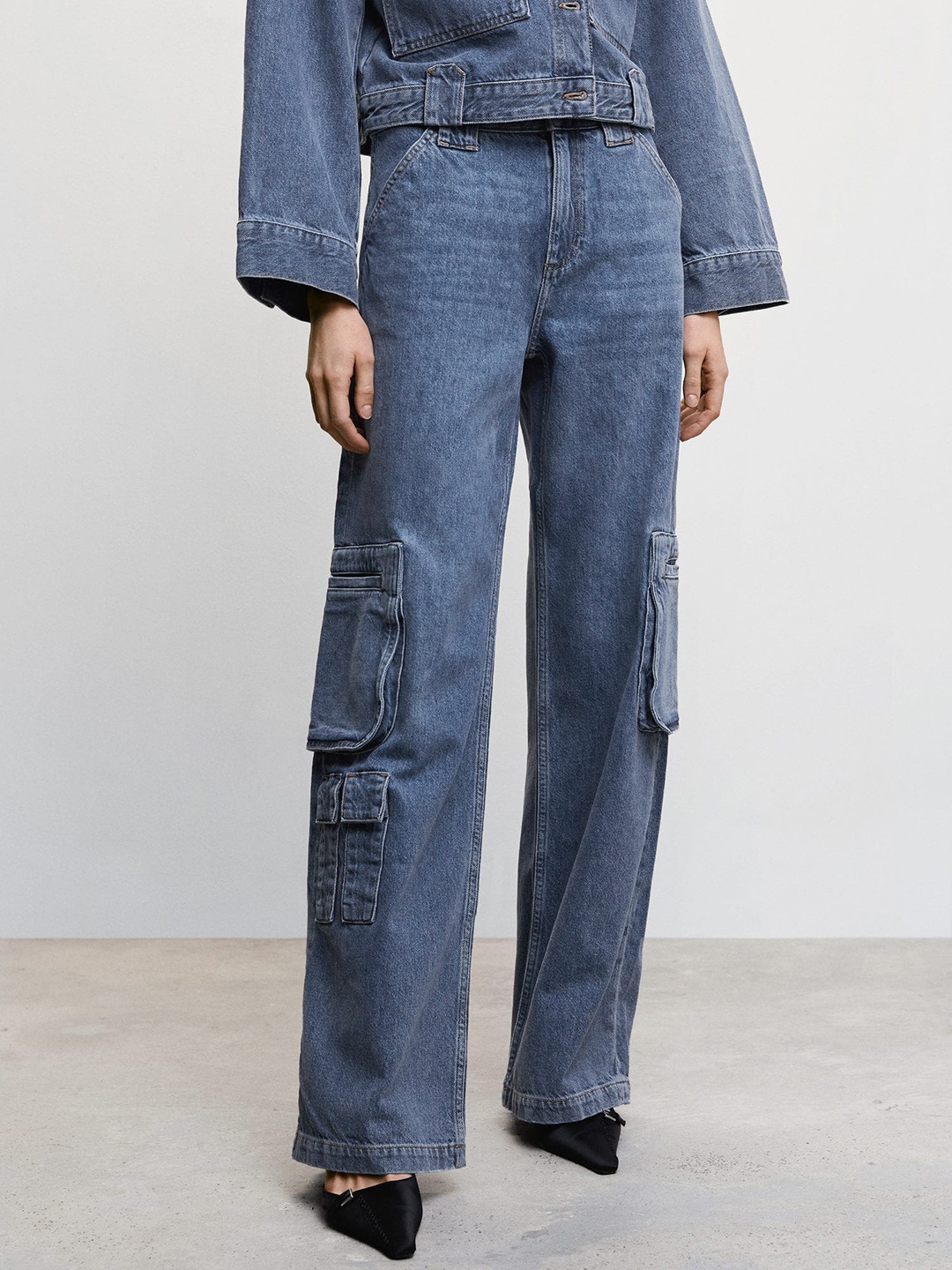 

MANGO Women Wide Leg Pure Cotton Jeans With Box Pockets, Blue