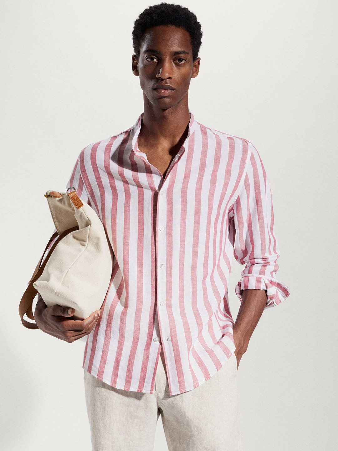 

MANGO MAN Linen Cotton Striped Casual Shirt, White