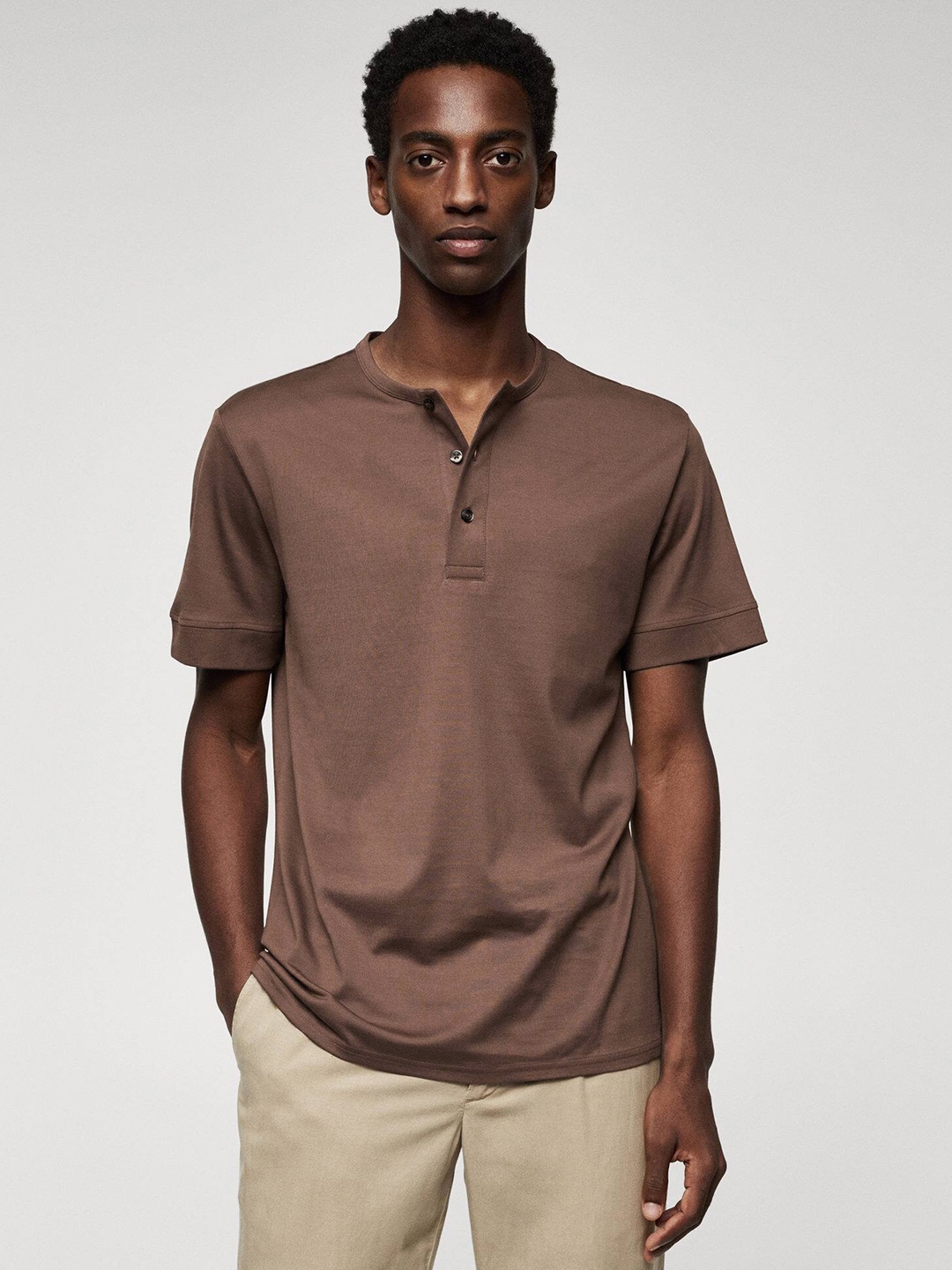 

MANGO MAN Henley Neck Pure Cotton T-shirt, Brown