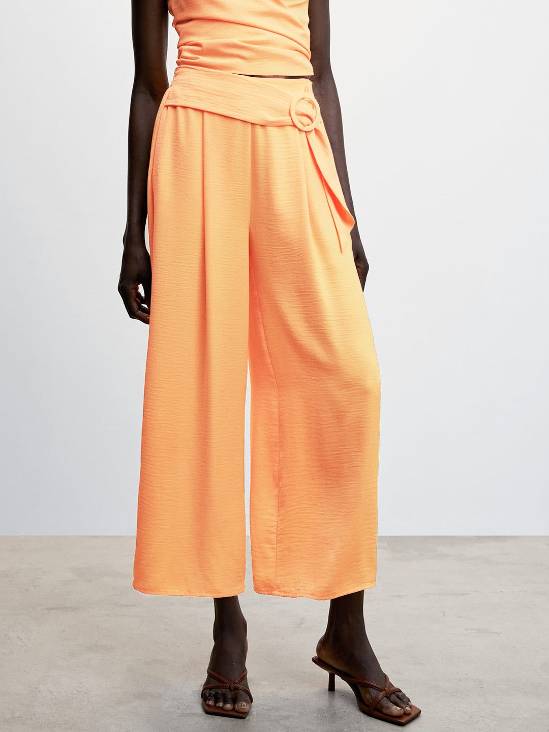 

MANGO Women High-Rise Belted Detail RegularCropped Trousers, Peach