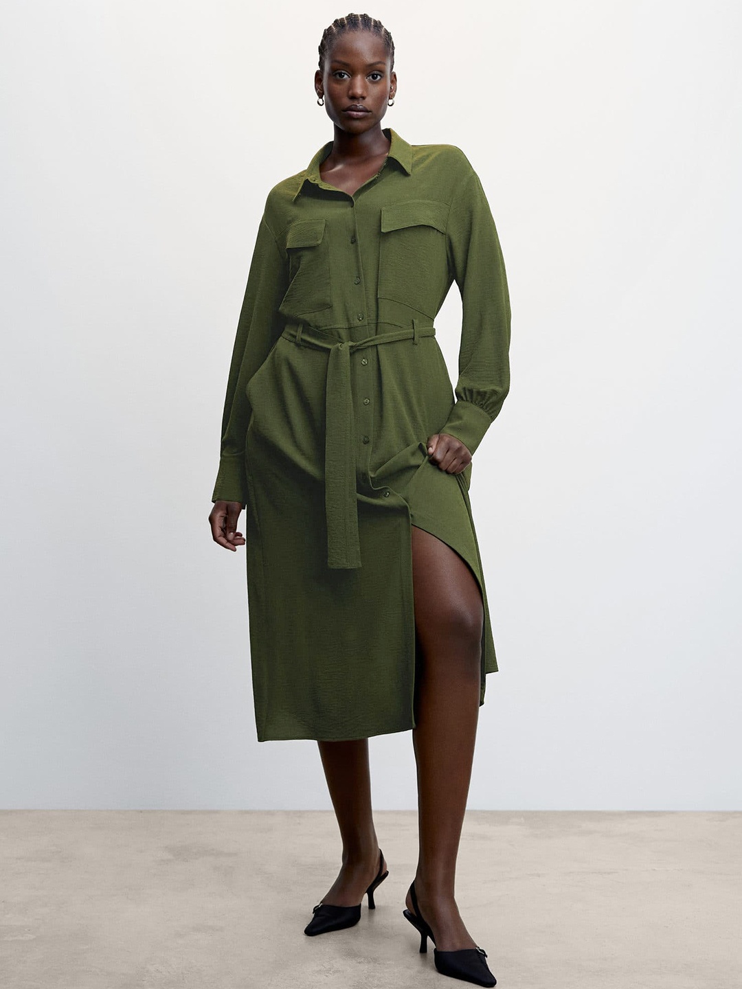 

MANGO Sustainable Shirt Style Midi Dress, Olive