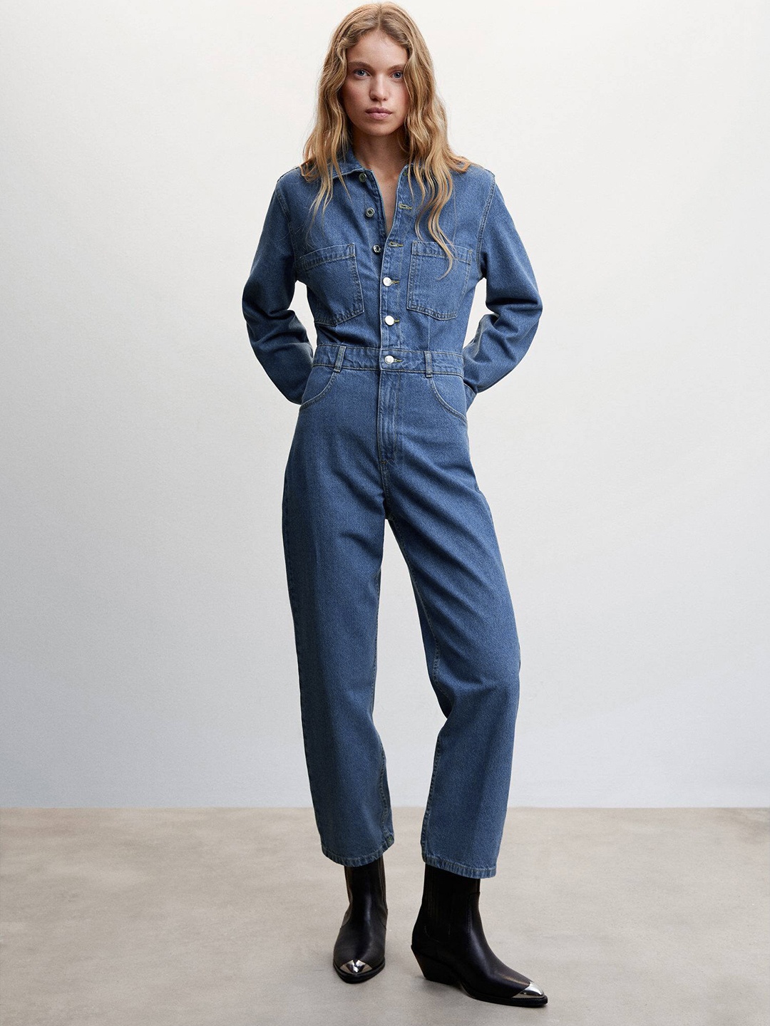 

MANGO Pure Cotton Denim Basic Jumpsuit, Navy blue