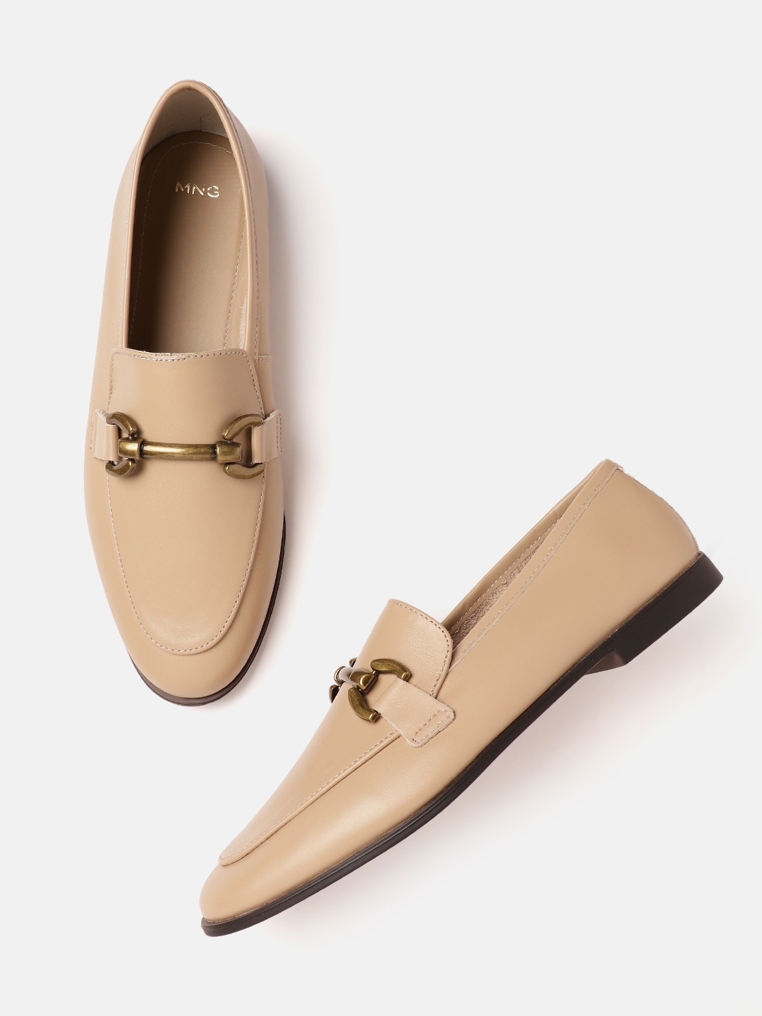 

MANGO Women Leather Sustainable Horsebit Loafers, Nude