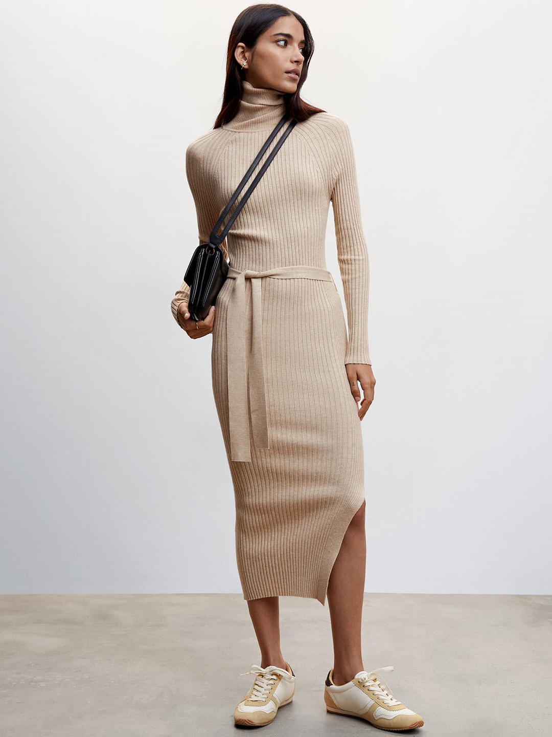 

MANGO Ribbed Midi Bodycon Dress, Beige