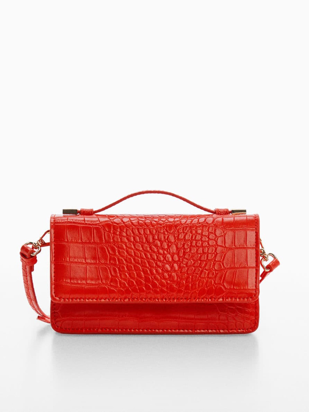 

MANGO Women Croc Textured Structured Handheld Bag, Red