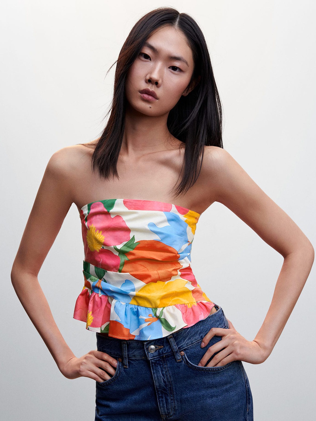 

MANGO Printed Pure Cotton Ruffles Detail Tube Crop Top, Multi