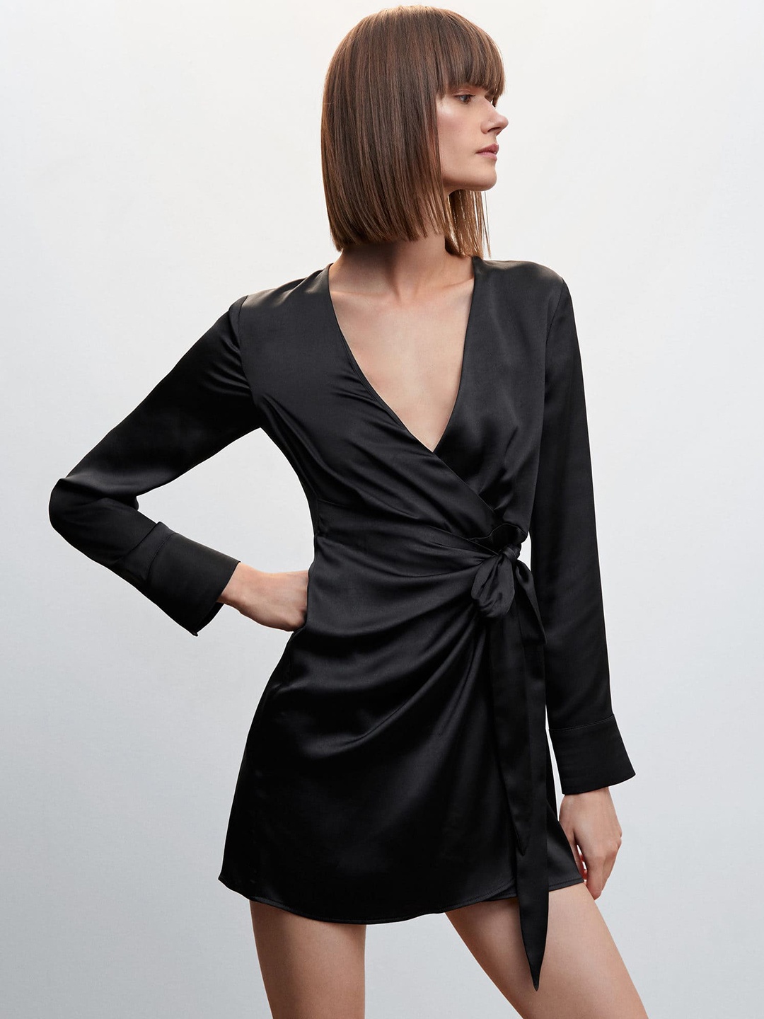 

MANGO Satin Finish Mini Wrap Dress, Black