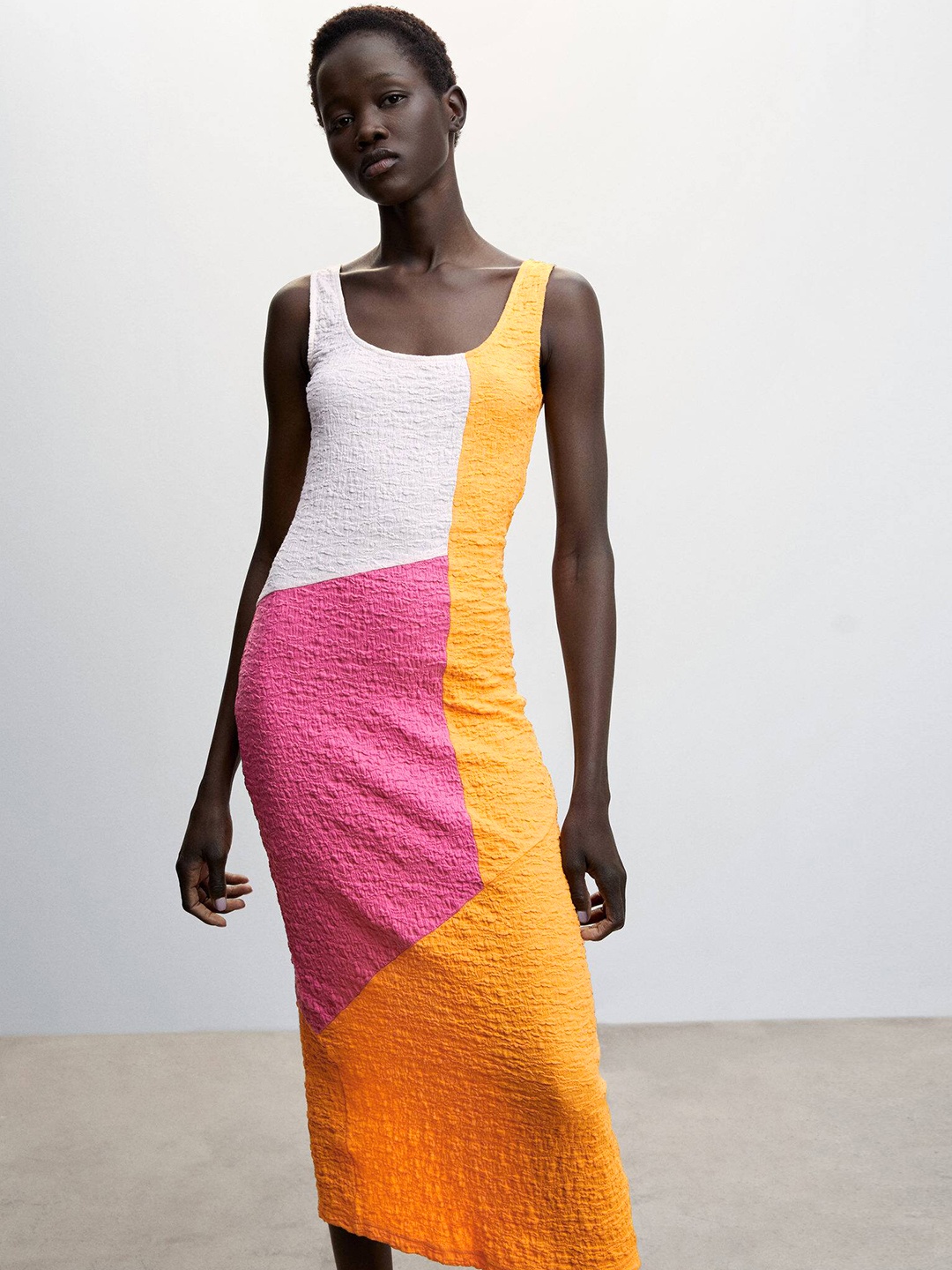 

MANGO Colourblocked Textured Bocycon Midi Dress, Orange