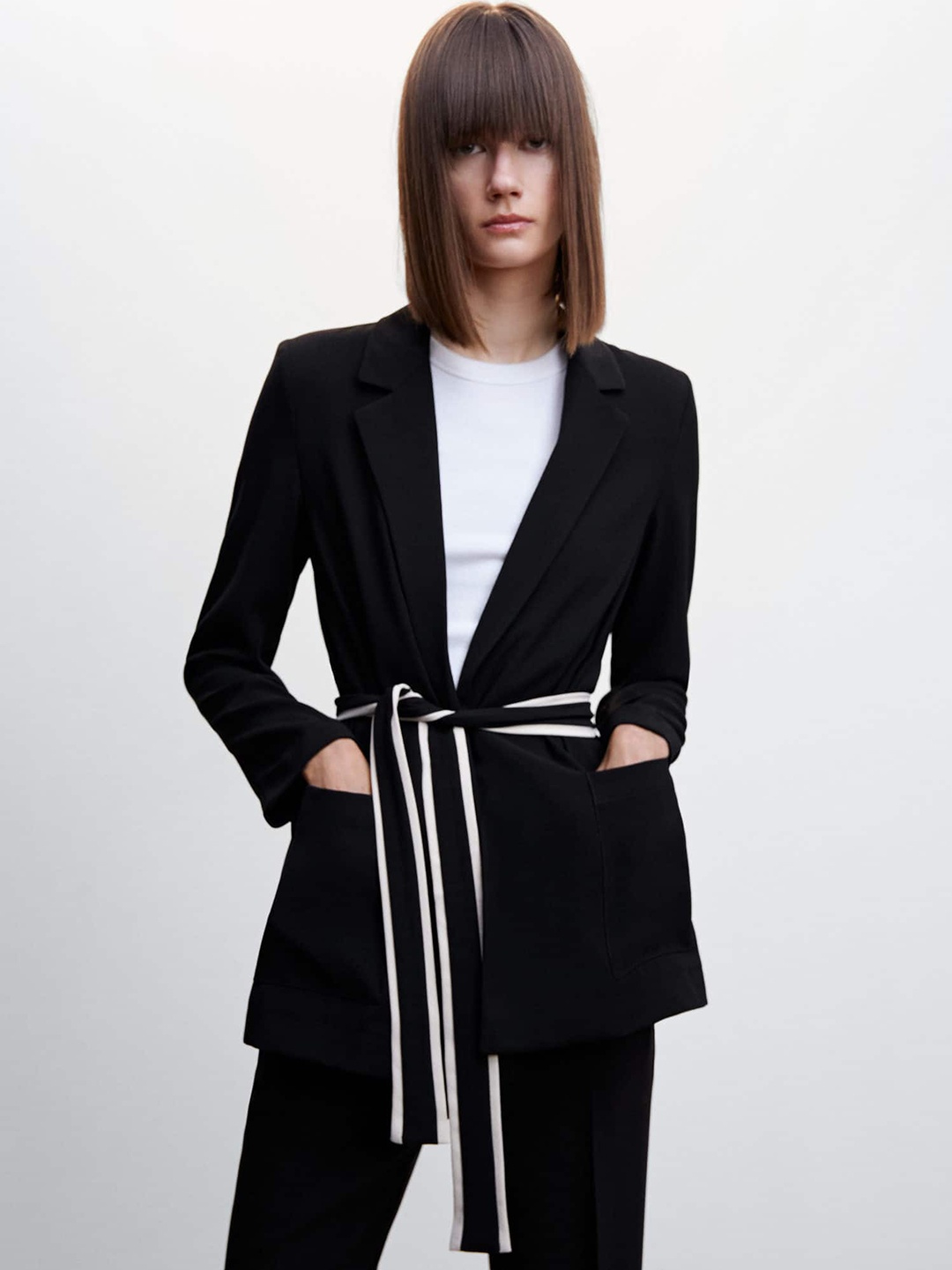 

MANGO Front-Open Suit Blazer with Belt, Black