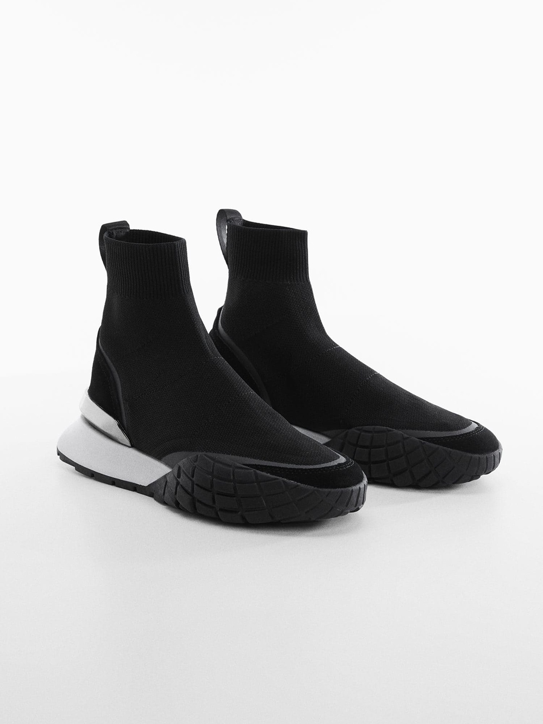 

MANGO Women Woven Design Mid-Top Sneakers, Black