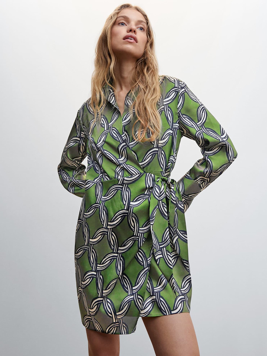 

MANGO Satin Finish Geometric Print Mini Wrap Dress, Green