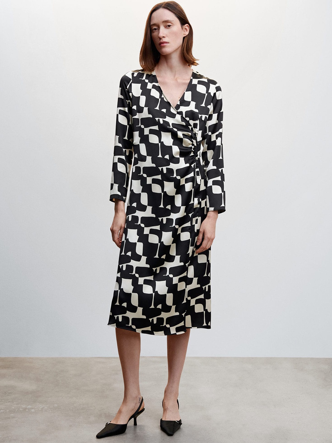 

MANGO Printed Satin Midi Wrap Dress, Black