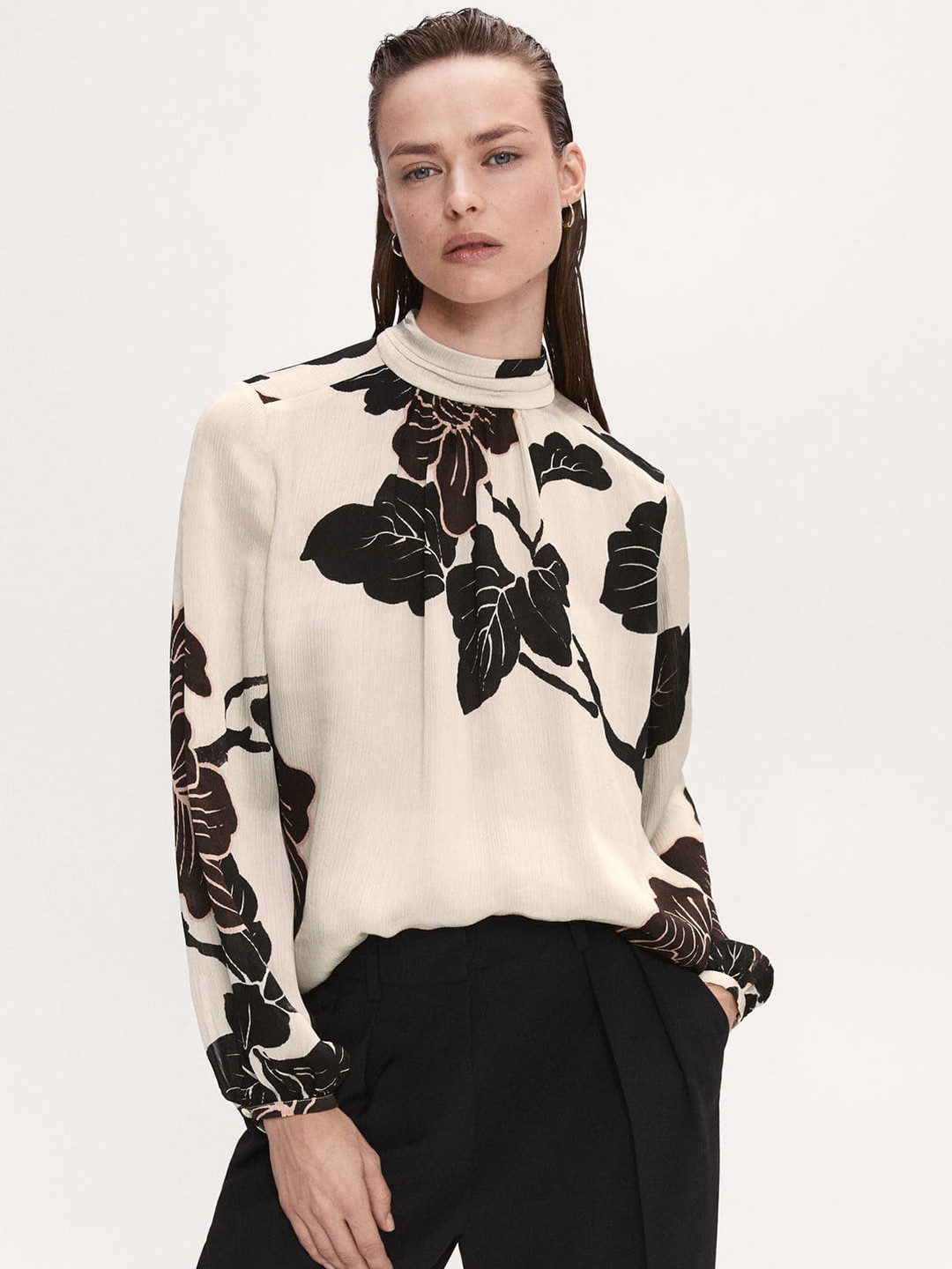 

MANGO Floral Print High Neck Top, Off white