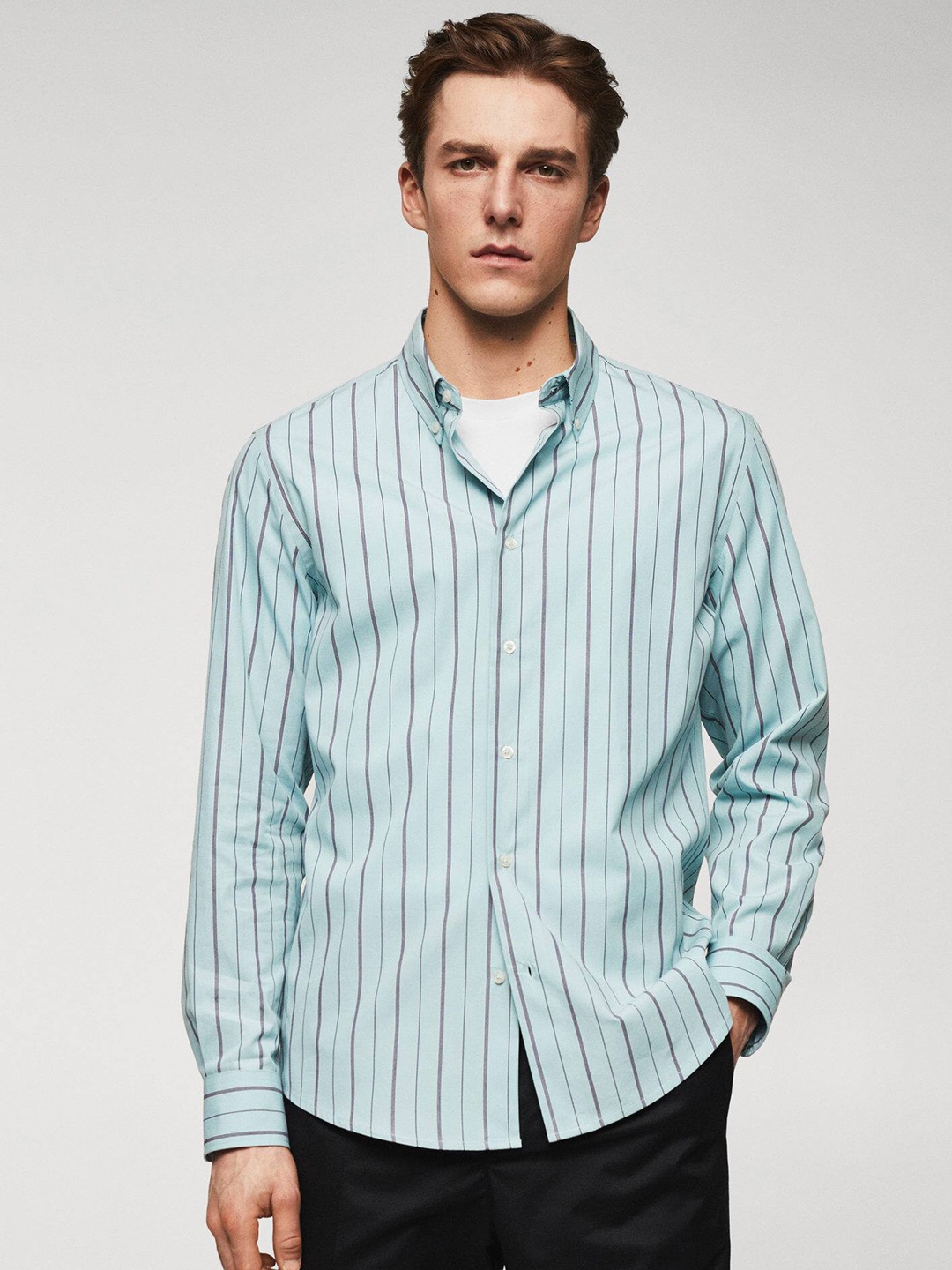 

MANGO MAN Pure Cotton Slim Fit Striped Casual Shirt, Blue