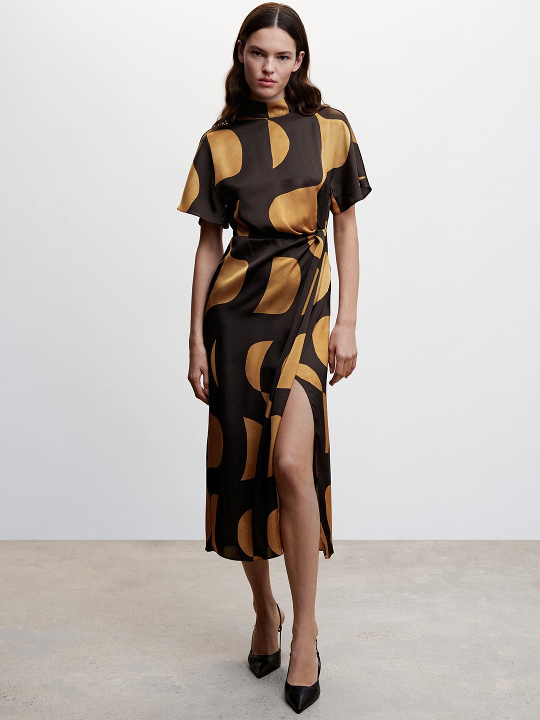 

MANGO Printed Satin A-Line Midi Dress, Coffee brown