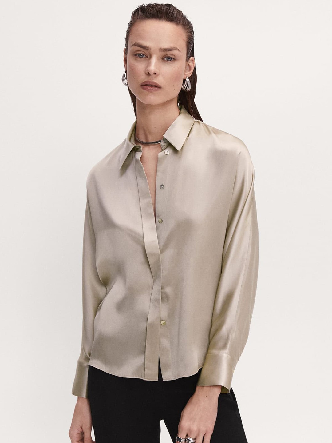 

MANGO Women Pure Silk Formal Shirt, Taupe