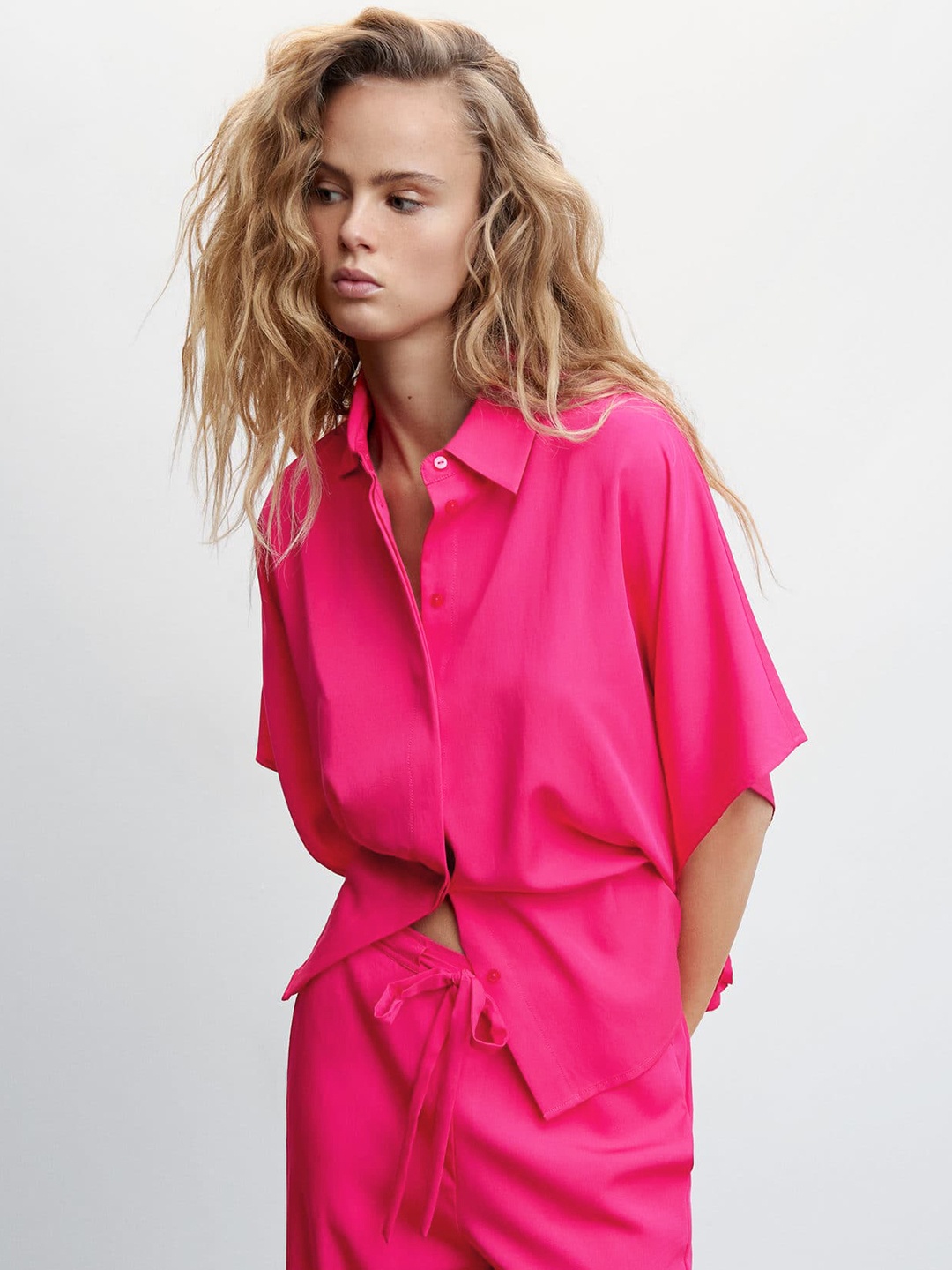 

MANGO Kimono Sleeves Asymmetric Hem Casual Shirt, Pink