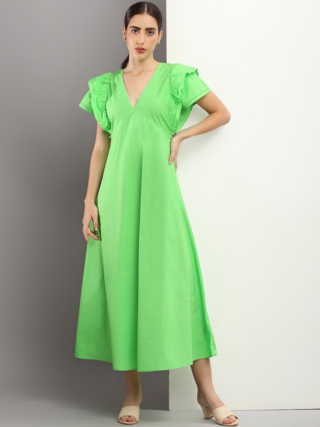

Tommy Hilfiger Ruffled V-Neck Maxi Cotton A-Line Dress, Green