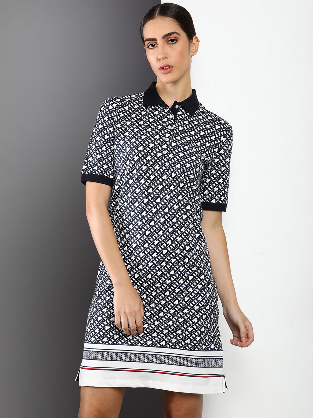 

Tommy Hilfiger Printed Cotton Shirt Collar Jumper Dress, Black